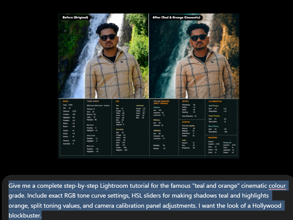 before and after portrait photo editing using ChatGPT prompts in Lightroom—skin retouching result
