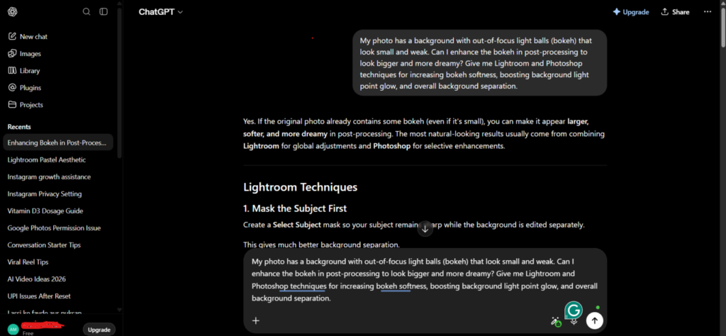 ChatGPT prompts for photo editing typed on laptop screen showing Lightroom instructions