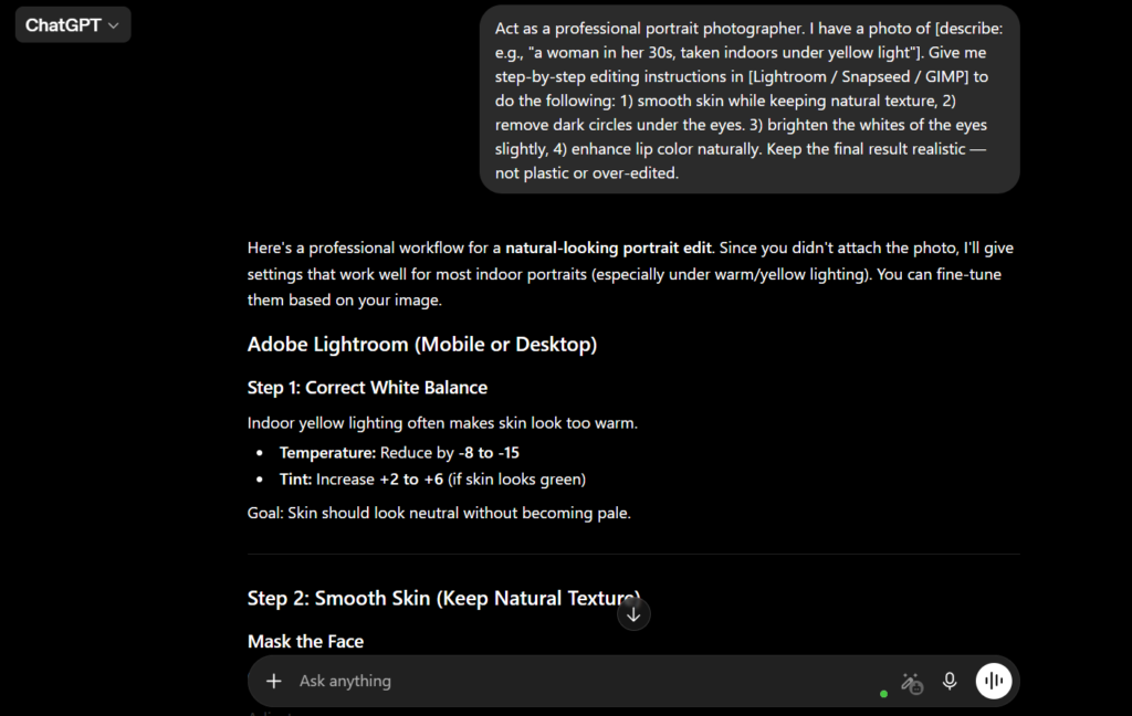 ChatGPT free plan showing detailed Lightroom photo editing instructions in response to a photo editing prompt